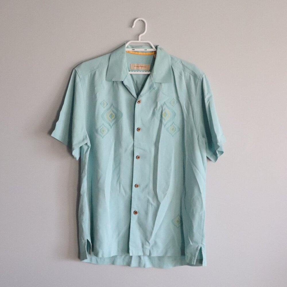 Tommy Bahama Mens Blue‎ Sz S 100% Silk Buttoned Camp Short Sleeve Collared Top